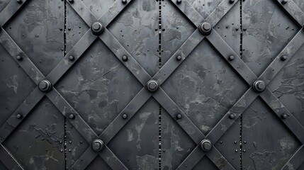 The image shows a dark, metal door with rivets.