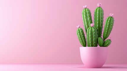   A green cactus in a pink pot against a pink surface Behind it, two pink walls