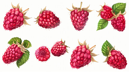 Ripe drawn raspberries on white background