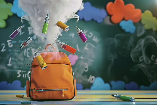 Colorful vapes flying out of high school backpack bag smoke e-cigarette vape floating in air chalkboard background nicotine quit education ad health epidemic vaping addiction awareness in teen youth