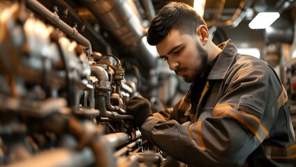 Marine engineer performing maintenance on a marine diesel engine. Concept Marine Engineering, Diesel Engines, Maintenance, Mechanical Engineering, Maritime Industry