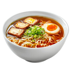 Delicious ramen bowl featuring soft-boiled egg, chashu pork transparent background, PNG