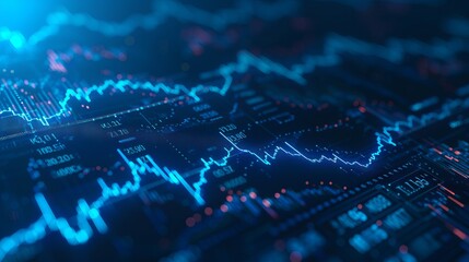 Futuristic financial analysis: blurry blue digital charts and forex data visualization on dark background - A modern fintech concept