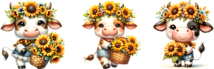 Cow with sunflower for kids, watercolor illustration.