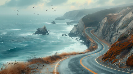 a coastal road with rugged cliffs of a seaside cliff