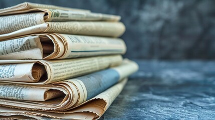 Vintage newspaper stack, pile of old newspapers, historical newspaper archive.