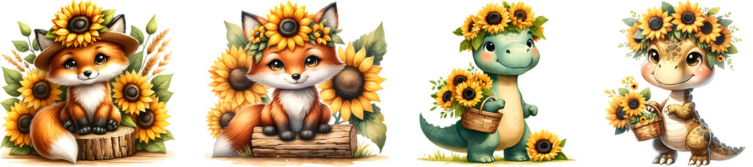 Dinosaur and fox with sunflower for kids, watercolor illustration.