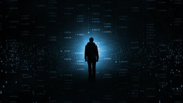 Dark blue business data with businessman silhouette animation background.