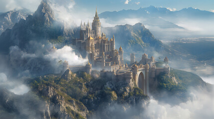 A grand castle on a high mountain, surrounded by a swirling mist and guarded by dragons, depicted in a heroic and cinematic widescreen perspective