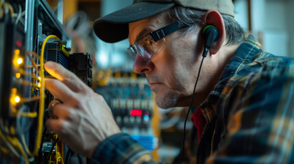 A technician in a data center carefully repairs a server rack, focusing on connections in a complex technological setup.