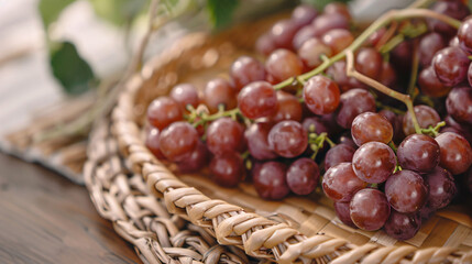Ripe sweet grapes on wicker plate closeup