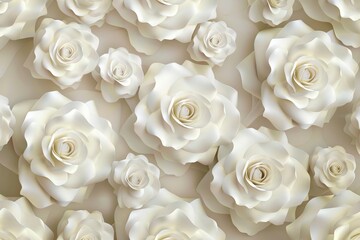 Elegant 3D white roses in a seamless pattern against a soft beige background, perfect for wedding stationery or luxurious wallpaper in bridal boutiques