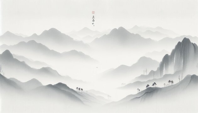 Ink drawing for mountains and trees 