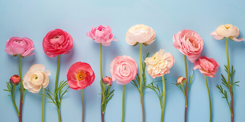 Summer Ranunculus flowers in a row on blue background