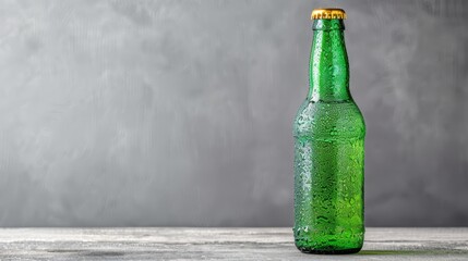   A green beer bottle atop a wooden table, surrounded by a gray wall on two sides