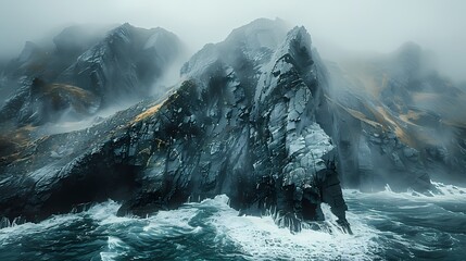 Jagged black rocks jutting out from the ocean, standing tall against the crashing waves, their...