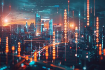 Fototapeta premium Futuristic cityscape with glowing digital financial graphs