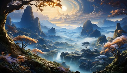 Picture an ethereal landscape where fractal patterns emerge from a shimmering mist, revealing...