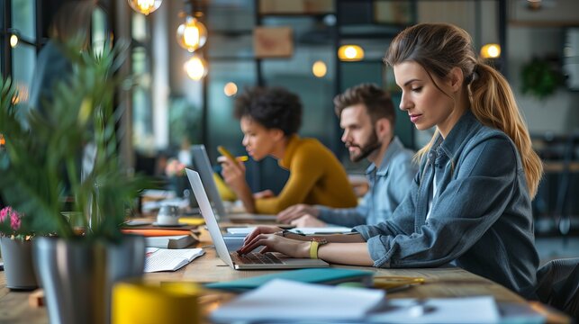 Team of professional marketers engaged in strategic planning and email correspondence in dynamic office environment – Startup advertising agency in action - Powered by Adobe