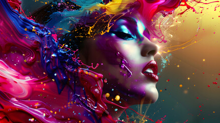  beautiful woman enveloped by the captivating allure of a space nebula, transcending earth. beauty of a woman's features enhanced by the vibrant and expressive strokes of a digital paint splash.