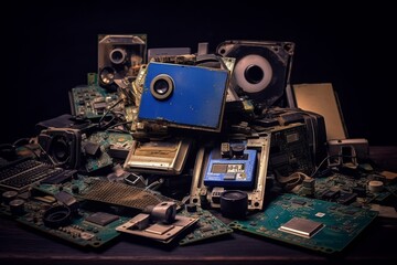 Disassembled computer components and electronic waste