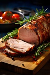 Juicy roasted pork loin with rosemary and tomatoes