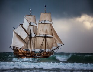 Magnificent ancient sailing ship in a stormy sea