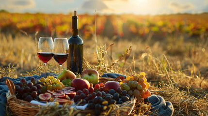 Romantic picnic with tasty fruits and wine in harveste
