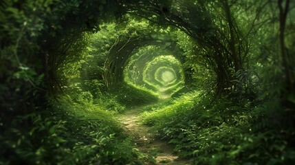 Enchanted forest path leading through a dense green tunnel, promising adventure and solitude in nature's embrace.