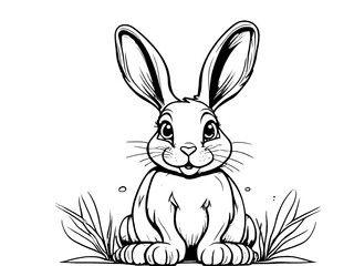 illustration of a bunny sit on the grass black and white art 