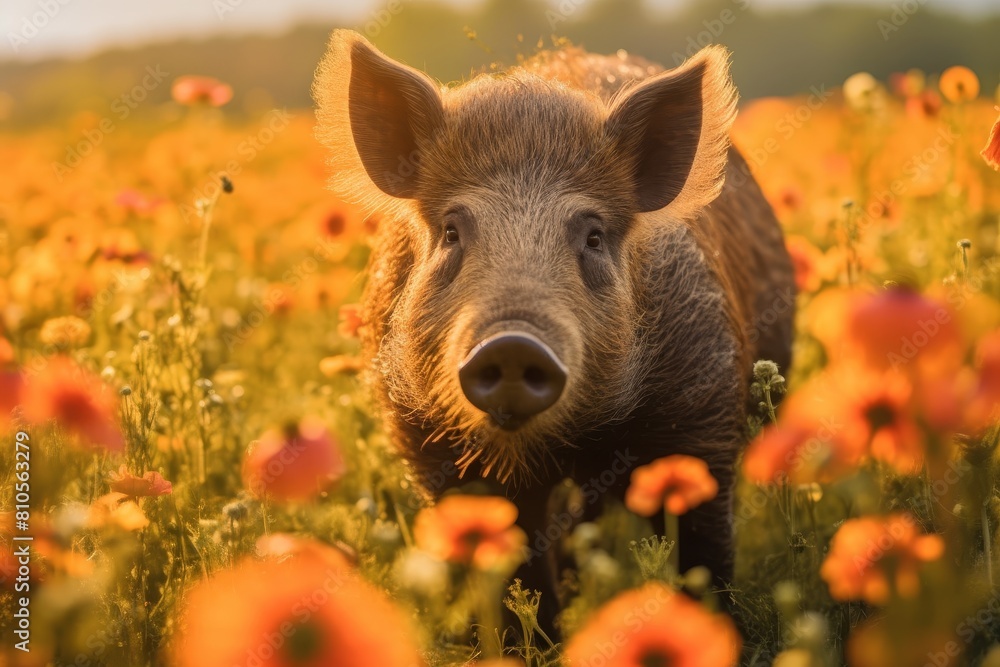 Canvas Prints Curious pig in a field of flowers