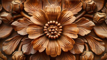 Elaborate wooden carving depicting a symmetrical floral motif with fine lines and aged patina.