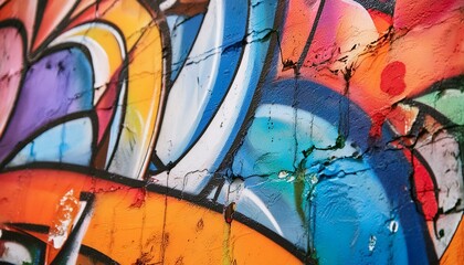 close-up section of a colorful street art mural, revealing the intricate textures and layered brush strokes art painting wall background