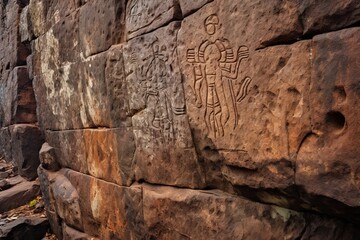 Ancient rock carvings on stone wall