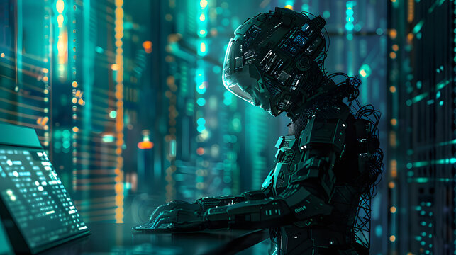 Android robot navigating through a cyber digital world, pointing its finger towards a glowing computer coding interface.luminous glow of digital technology, an android engages in the art of computer.