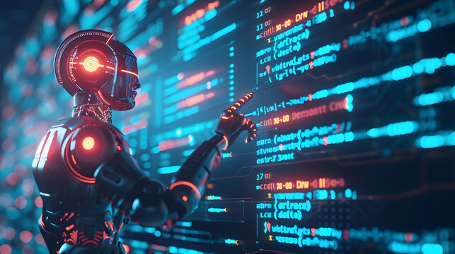 Android robot navigating through a cyber digital world, pointing its finger towards a glowing computer coding interface.luminous glow of digital technology, an android engages in the art of computer.