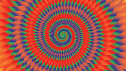 Hypnotic spiral background with a vibrant gradient color palette creating an optical illusion effect. The central vortex expands outwards with repeating geometric shapes in red, orange, green