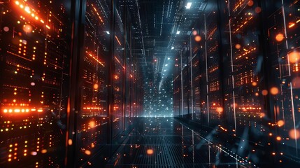 Obraz premium Nighttime data center operation emphasizing network connectivity