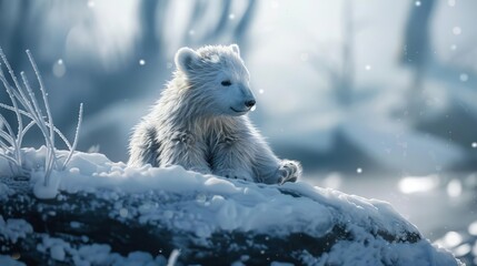 Obraz premium Polar bear cub in a snowy setting, symbolizing climate change effects on wildlife