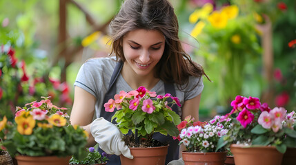 Beautiful girl in a flower garden holding a big pot with colorful flowers