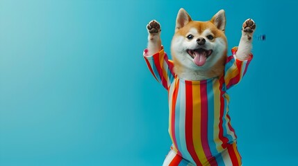 Enthusiastic Shiba Inu Cheering in Vibrant Striped Cheerleader Costume on Soothing Blue Background