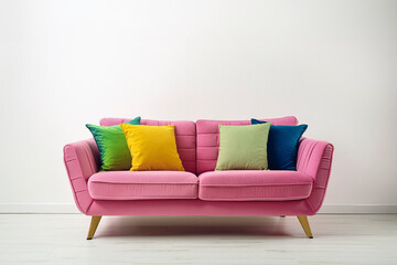 Beautiful luxury pillow on sofa decoration in living room interior. Pink sofa on wooden floor against white wall with copy space