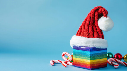 Santa hat with colorful gift box and candy canes on bl - Powered by Adobe