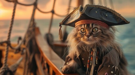 Naklejka premium A cat dressed in a pirate costume sits in the wheel of a ship