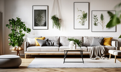 Obraz premium Modern features an elegant living room featuring a comfortable sofa, white walls and house plants.