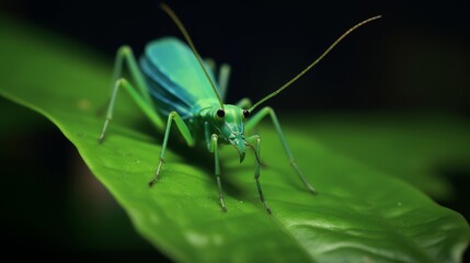 Fototapeta premium Close-up of a vibrant green grasshopper on a leaf