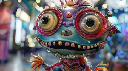 Zoom in on a whimsical 3D cartoon characters vibrant, expressive eyes and intricate details, capturing its playful essence in a larger-than-life way