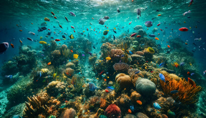 Fototapeta premium Underwater snorkeling scene with coral reefs and colorful fish in the Caribbean., generative ai