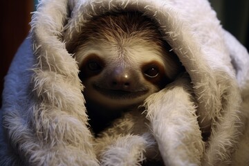 Fototapeta premium Cute sloth peeking out from fluffy white fur