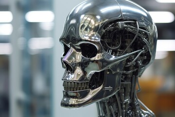 chrome robot skull close-up